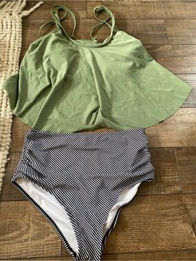 Amazon Women Swim Bikini Set in Olive Green Top & Black-White Striped Bottom
